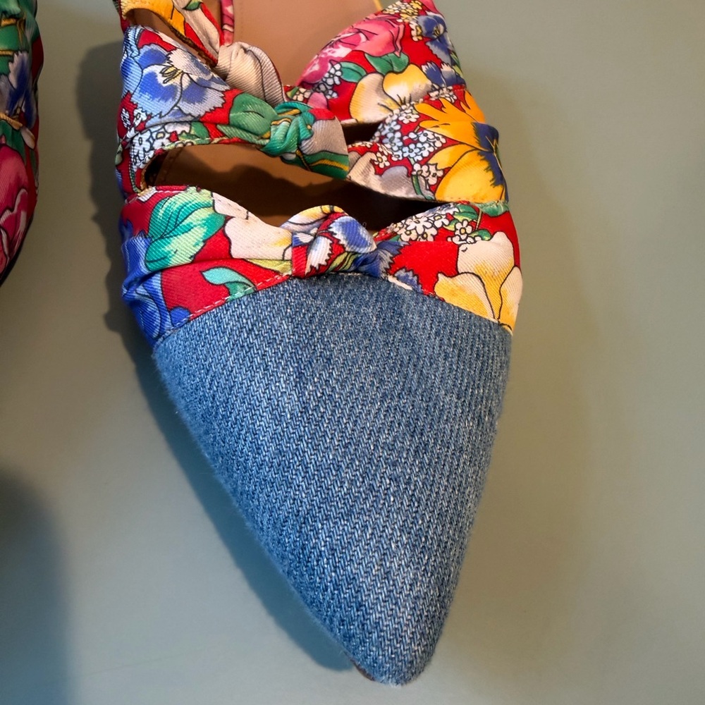 Aquazzura Firenze Denim Floral Pointed Toe Mule Flats Size 37.5 - Picture 5 of 7
